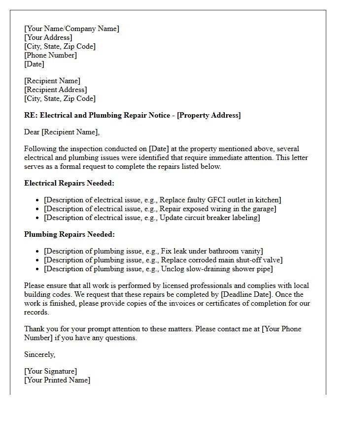 Electrical And Plumbing Post-Inspection Repair Letter