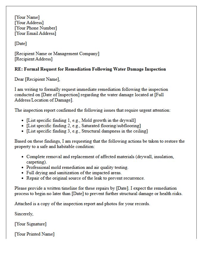 Water Damage Post-Inspection Remediation Request Letter