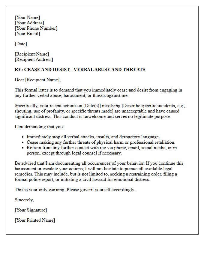 Verbal Abuse and Threat Prohibition Cease and Desist Letter
