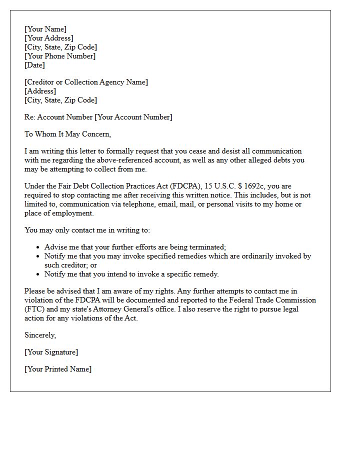 Standard Creditor Cease and Desist Letter