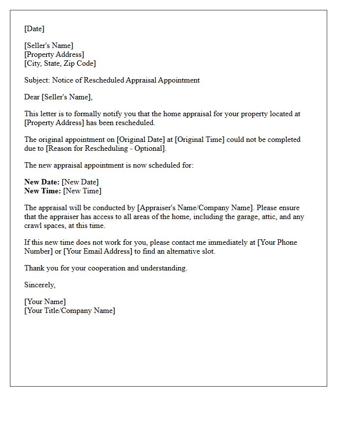 Rescheduled Appraisal Notice Letter for Sellers