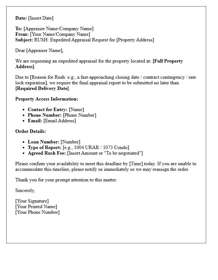 Expedited Real Estate Appraisal Scheduling Letter