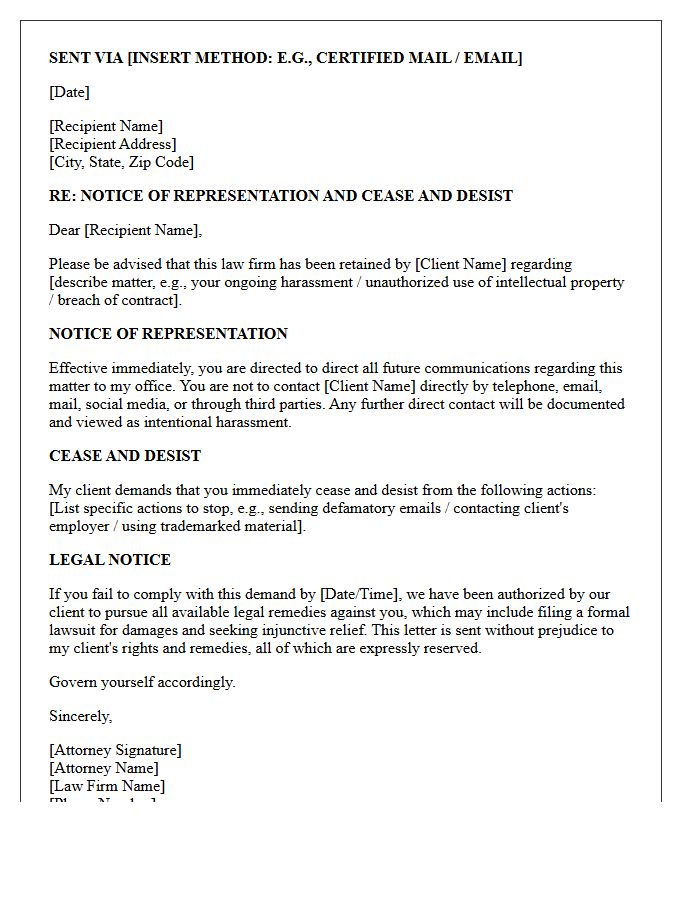Notice of Attorney Representation Cease and Desist Letter