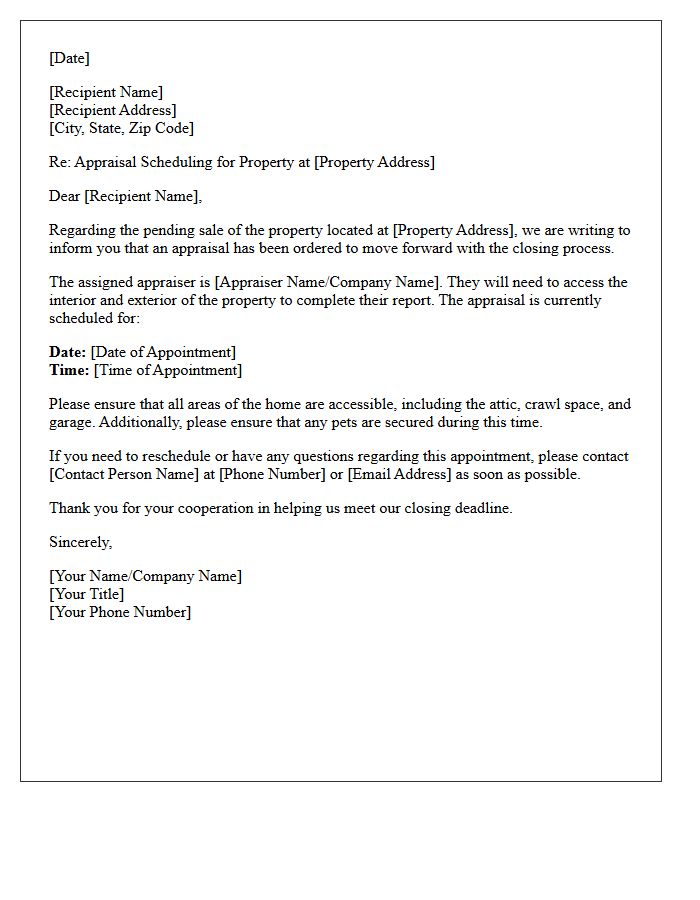 Pending Sale Appraisal Scheduling Notice Letter