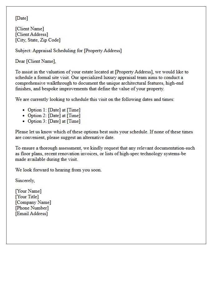 Luxury Property Appraisal Scheduling Letter