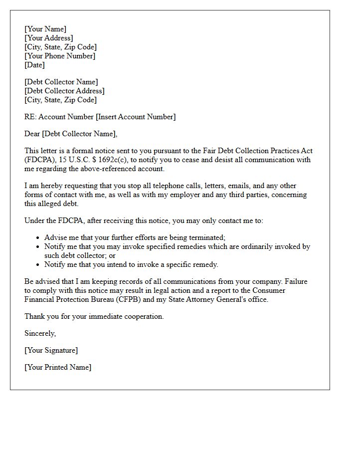 Fair Debt Collection Practices Act Cease and Desist Letter
