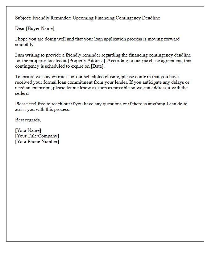 Friendly Reminder Letter for Financing Contingency Deadline