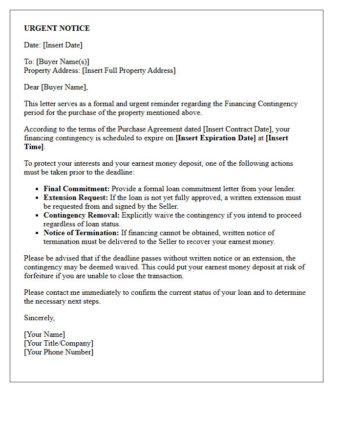Urgent Warning Letter Regarding Financing Contingency Expiration