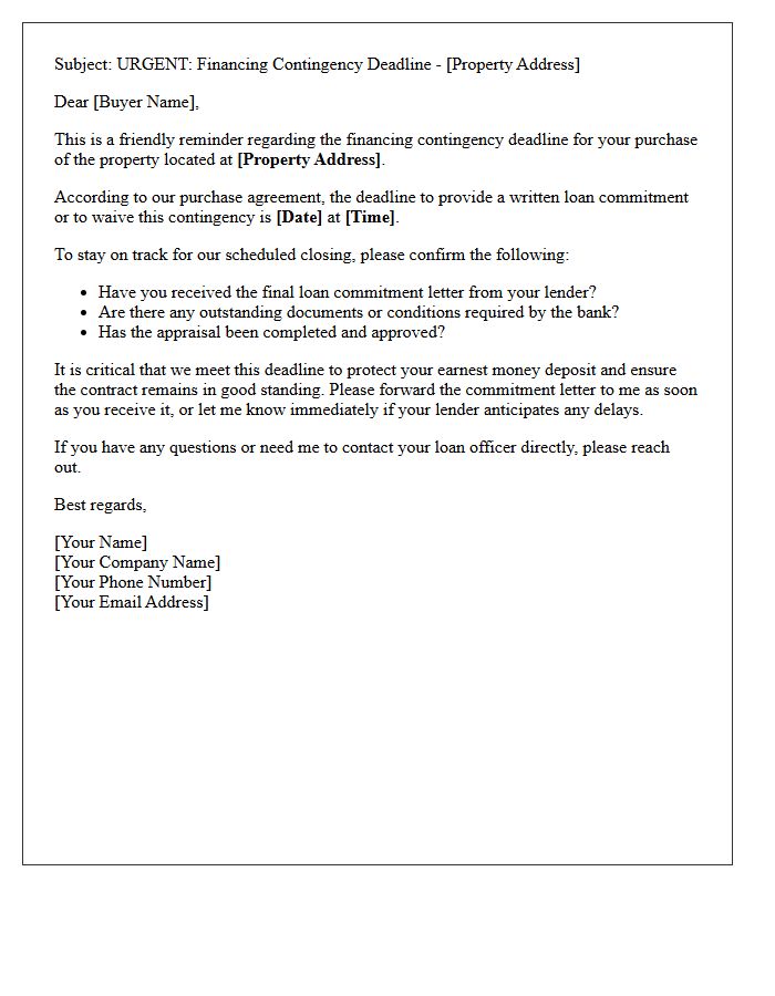 Real Estate Agent Reminder Letter for Buyer Financing Deadline