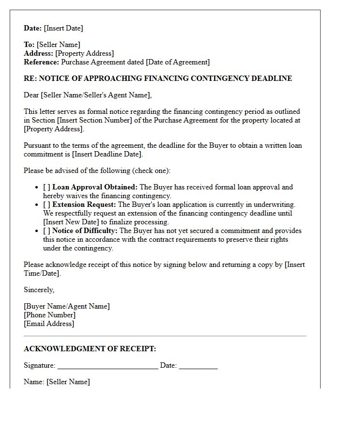 Formal Notice Letter Approaching Financing Contingency Deadline