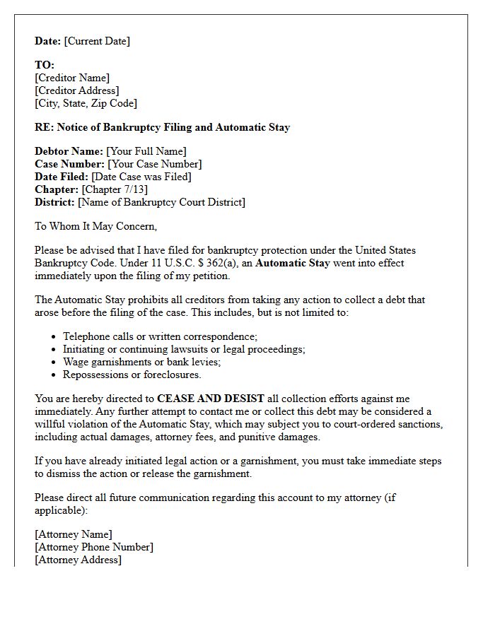 Bankruptcy Automatic Stay Creditor Cease and Desist Letter
