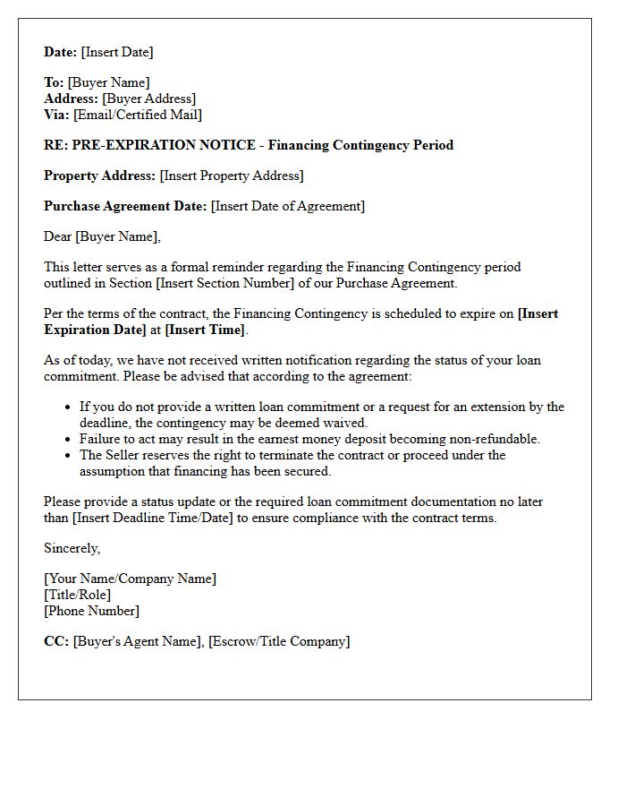 Pre-Expiration Notice Letter for Real Estate Financing Contingency