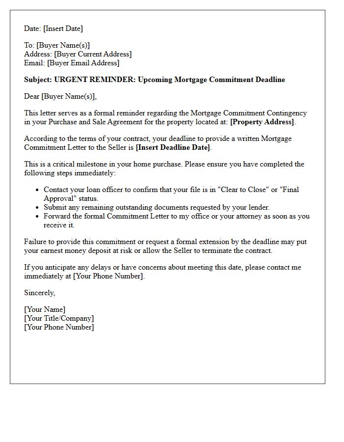 Mortgage Commitment Deadline Reminder Letter for Real Estate Buyers