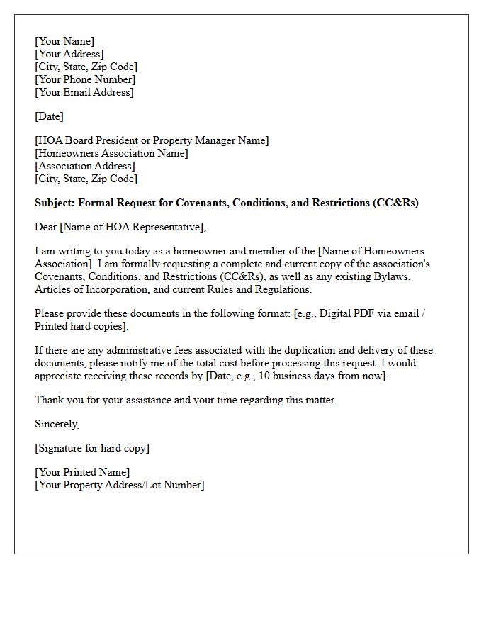 Homeowners Association Covenants, Conditions, And Restrictions Request Letter
