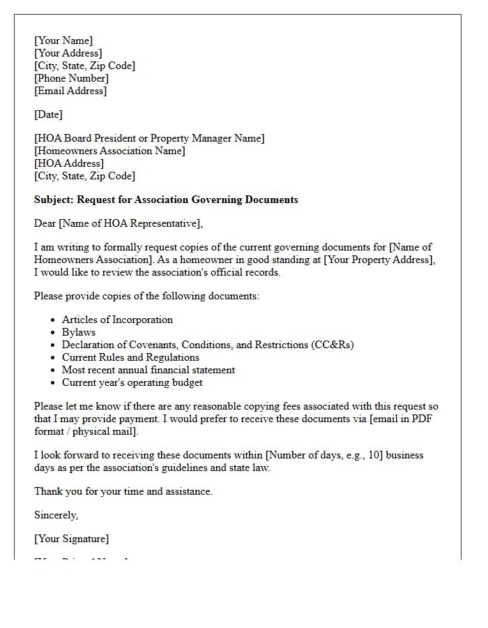 Homeowners Association Bylaws And Governing Documents Request Letter
