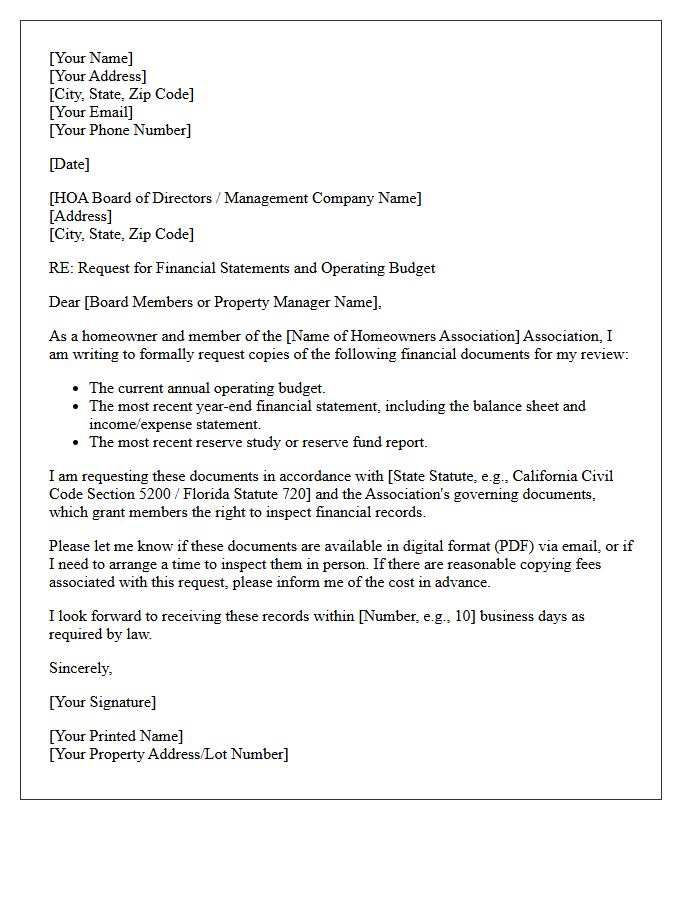 Homeowners Association Financial Statements And Operating Budget Request Letter