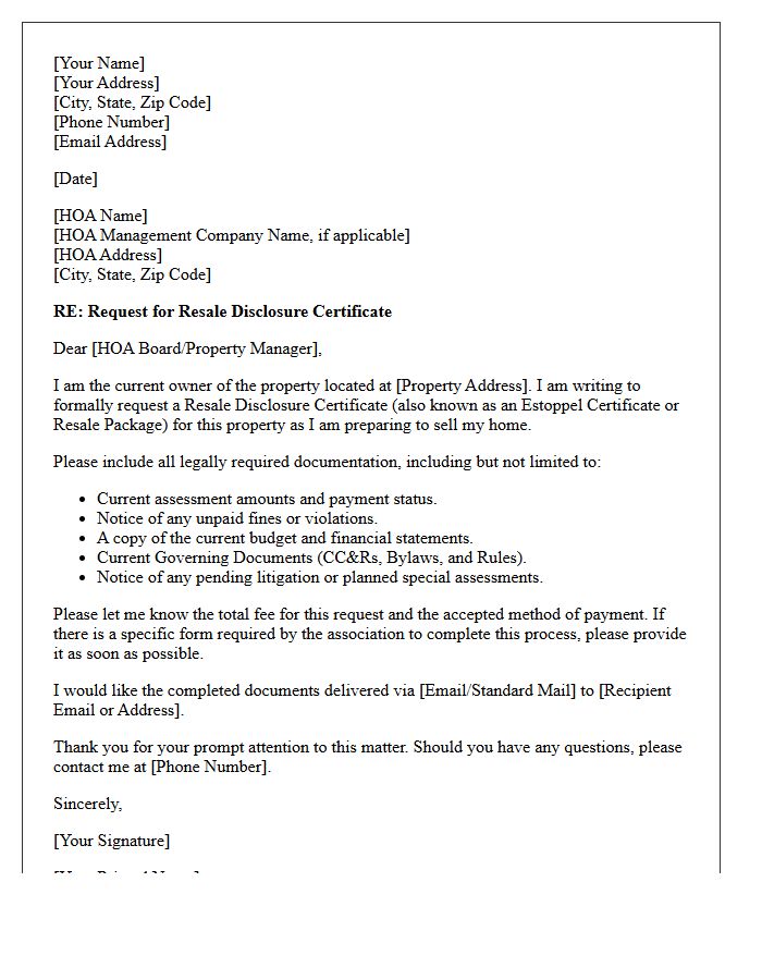 Homeowners Association Resale Disclosure Certificate Request Letter