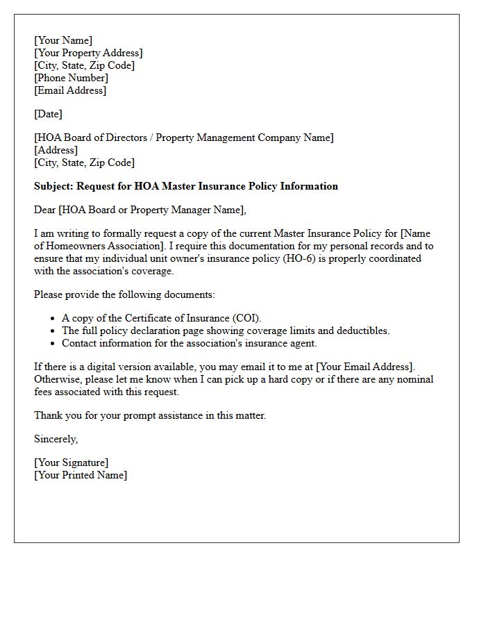 Homeowners Association Master Insurance Policy Request Letter