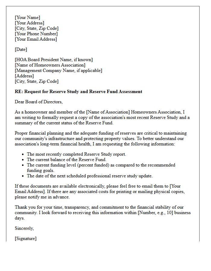 Homeowners Association Reserve Study And Fund Assessment Request Letter