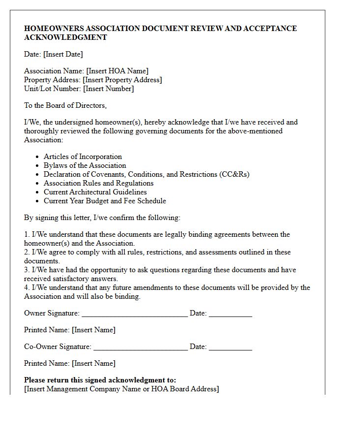 Homeowners Association Document Review And Acceptance Acknowledgment Letter