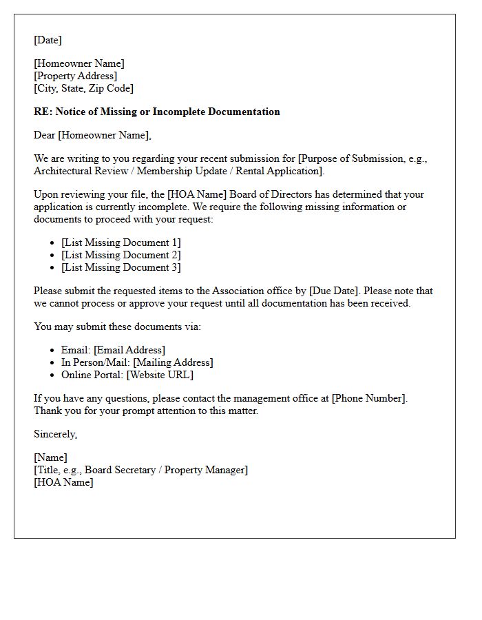 Homeowners Association Missing Or Incomplete Document Notice Letter