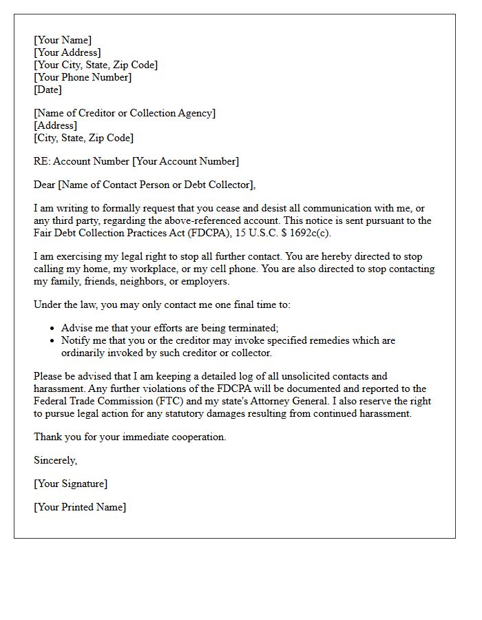 Creditor Harassment and Abuse Cease and Desist Letter