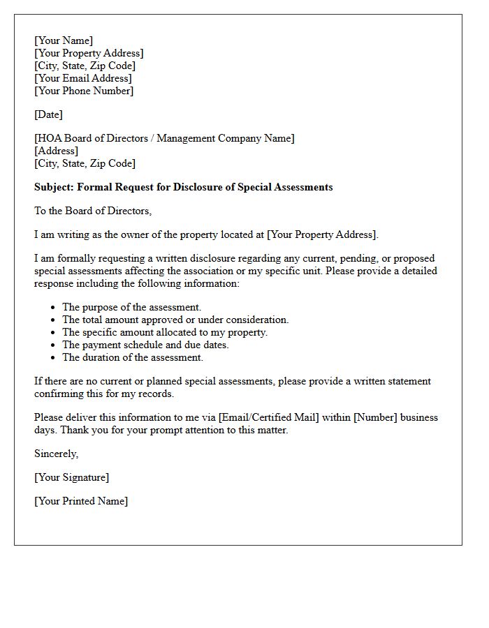 Homeowners Association Special Assessment Disclosure Request Letter