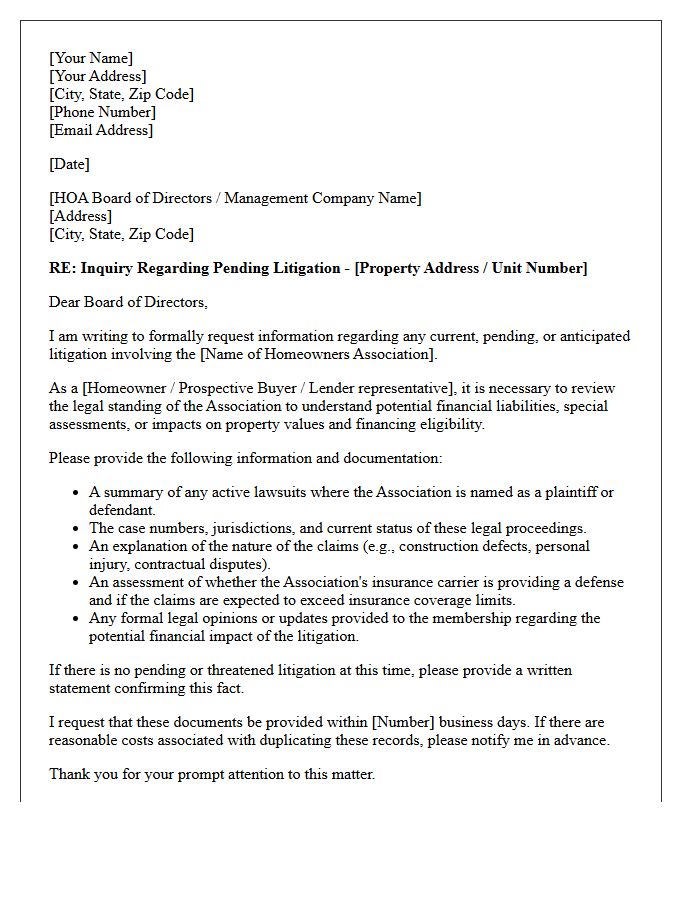 Homeowners Association Pending Litigation Inquiry And Review Letter