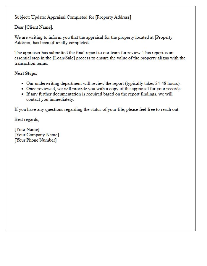 Appraisal Completed Update Letter