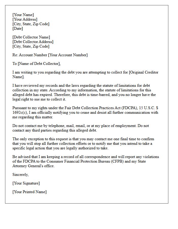 Time-Barred Debt Communication Cease and Desist Letter