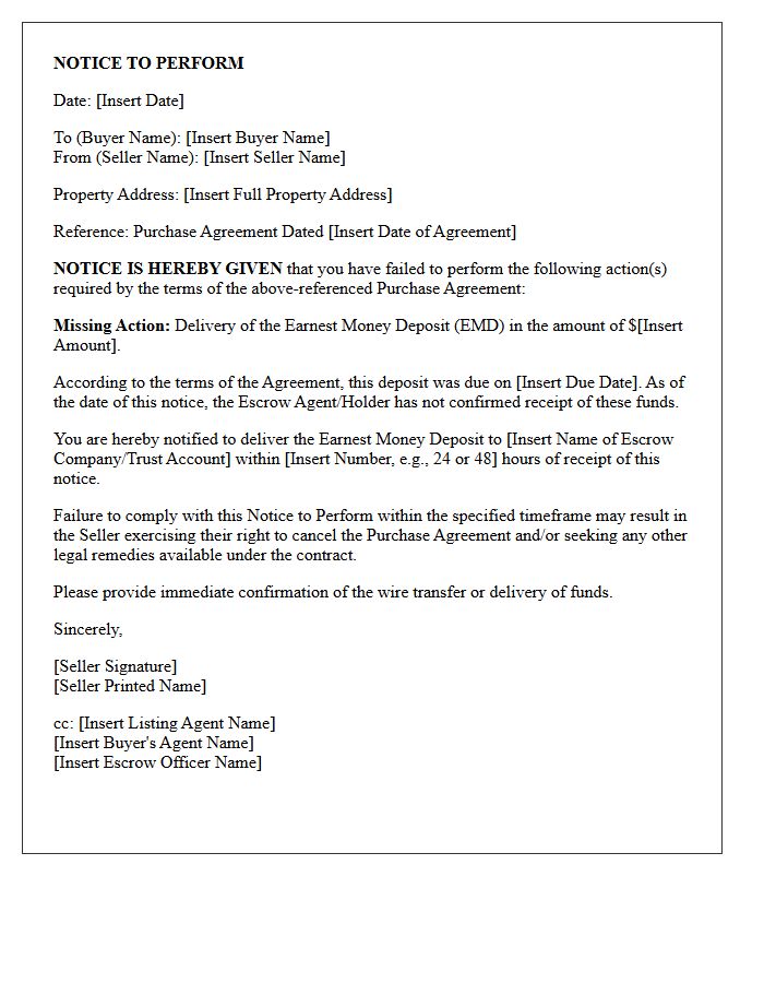 Notice to Perform for Missing Earnest Money Deposit Letter
