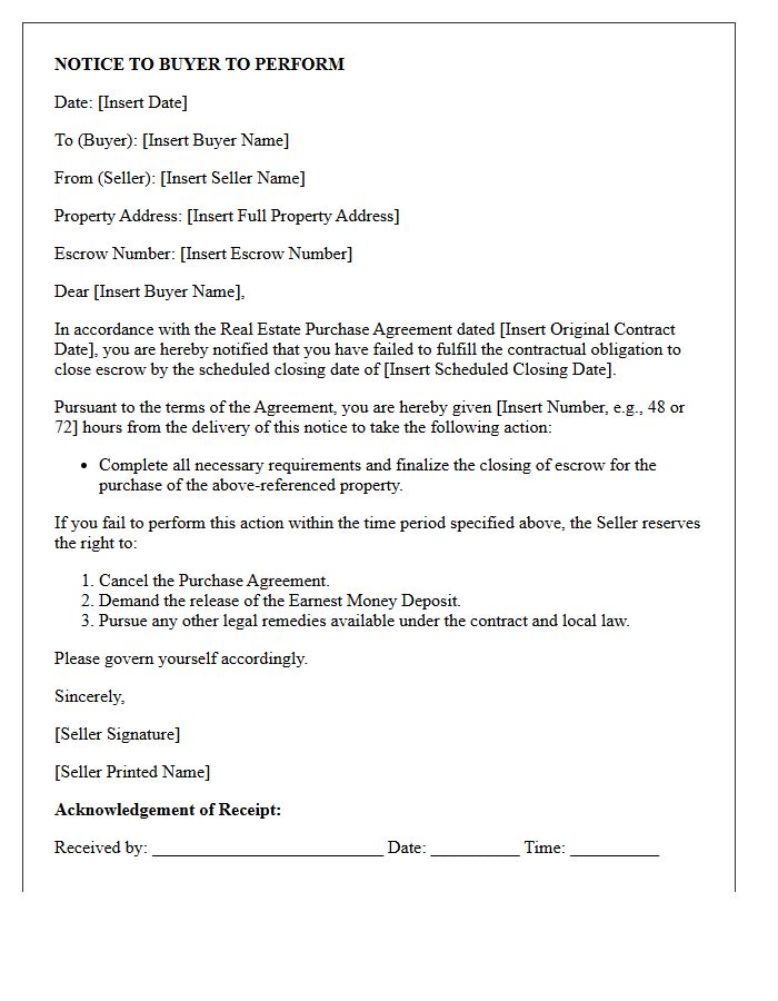 Notice to Perform for Failure to Close Escrow Letter