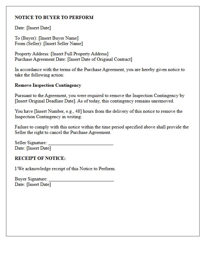 Notice to Perform for Missing Inspection Contingency Removal Letter