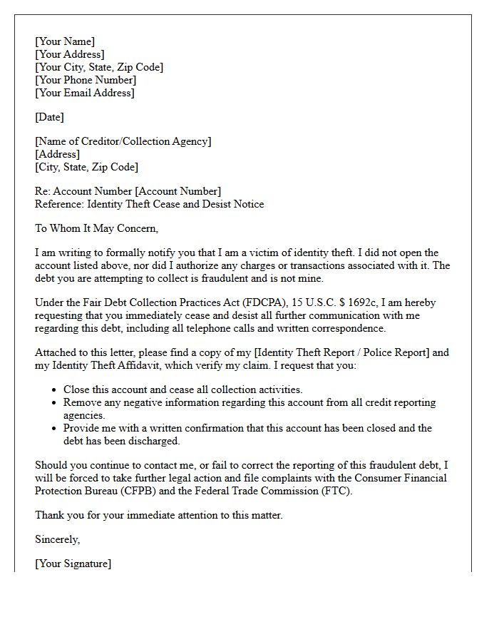 Identity Theft Creditor Communication Cease and Desist Letter