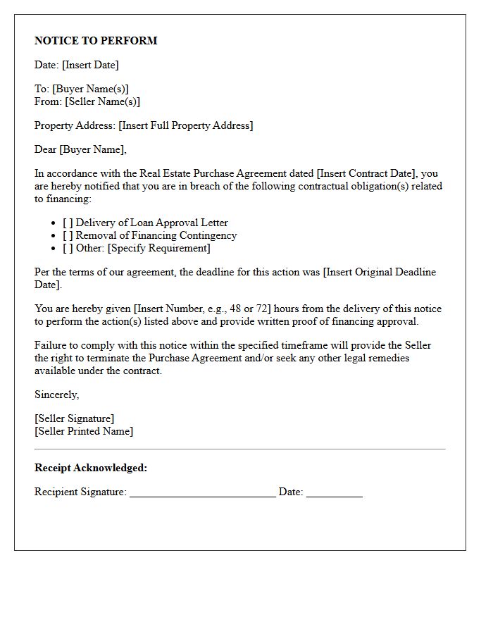 Notice to Perform for Delayed Financing Approval Letter