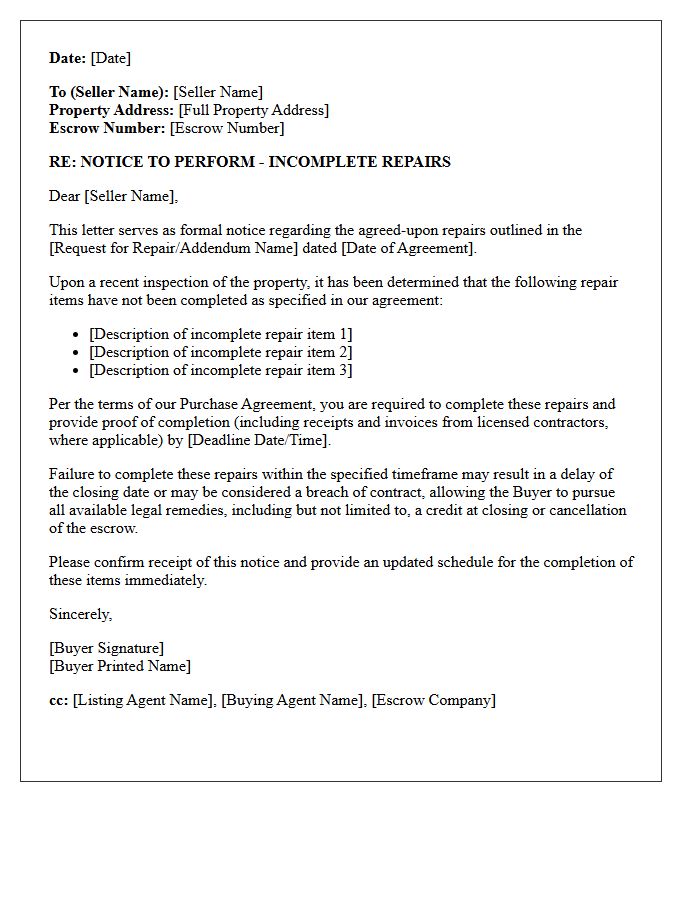 Notice to Perform for Incomplete Seller Repairs Letter