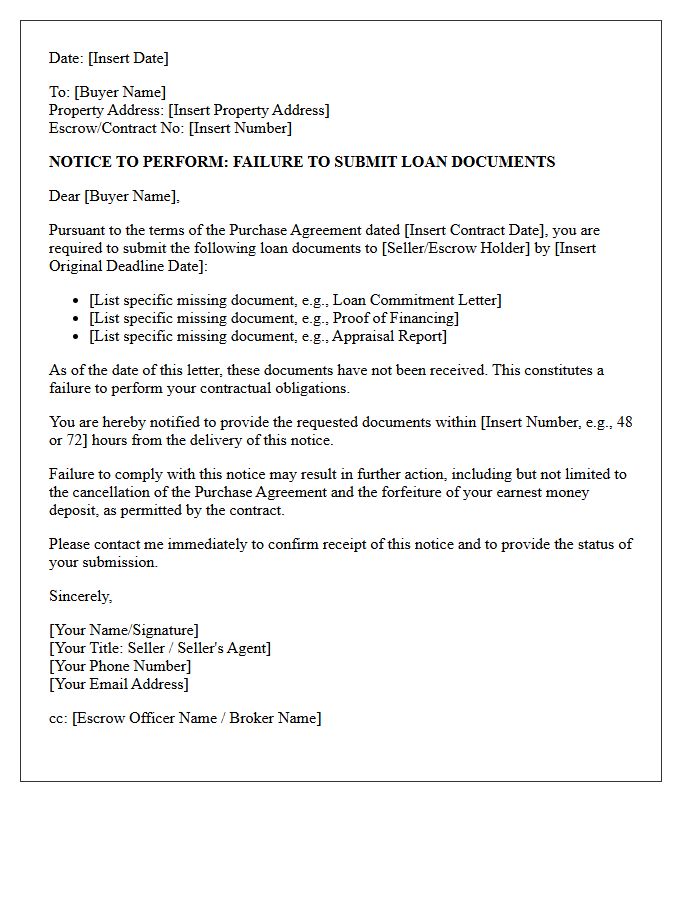 Notice to Perform for Failure to Submit Loan Documents Letter