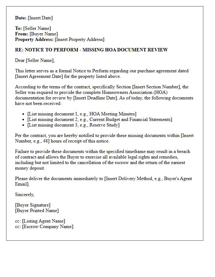 Notice to Perform for Missing Homeowners Association Document Review Letter