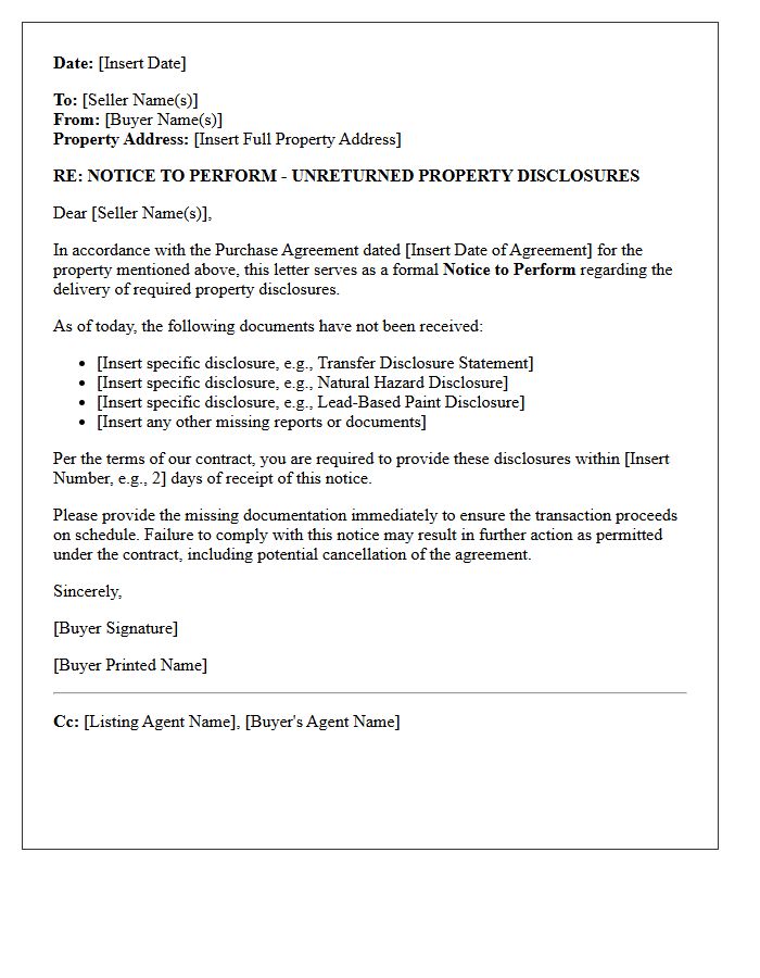 Notice to Perform for Unreturned Property Disclosures Letter