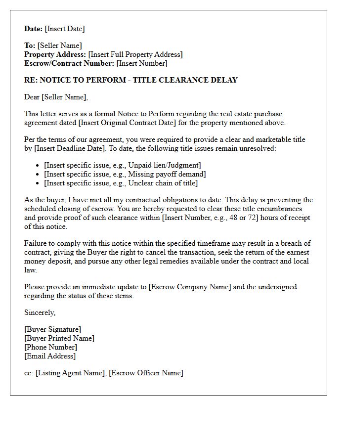 Notice to Perform for Delayed Title Clearance Letter