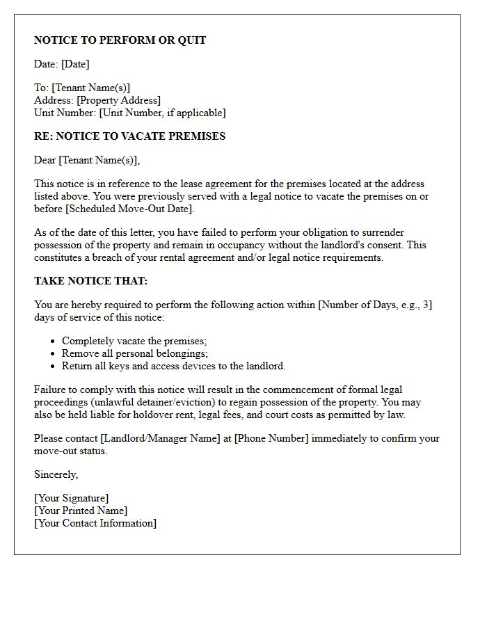 Notice to Perform for Failure to Vacate Premises Letter