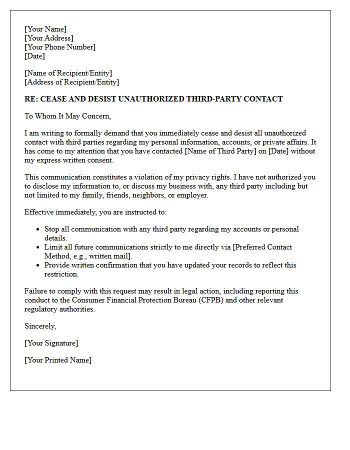 Unauthorized Third-Party Contact Cease and Desist Letter