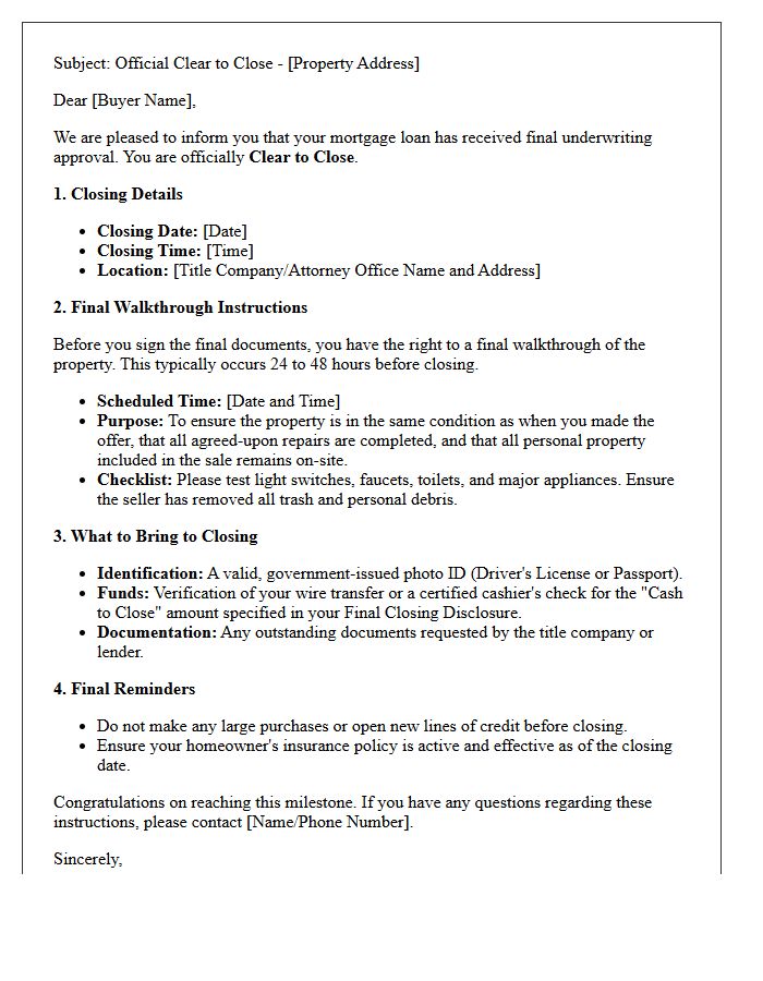 Official Clear To Close Letter And Final Walkthrough Instructions