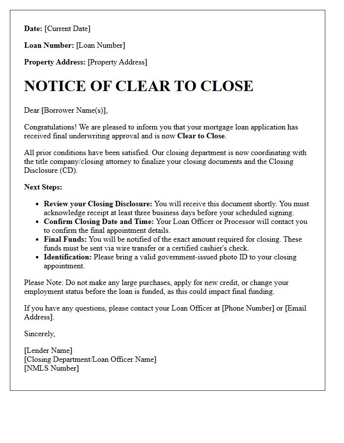 Mortgage Lender Clear To Close Approval Letter