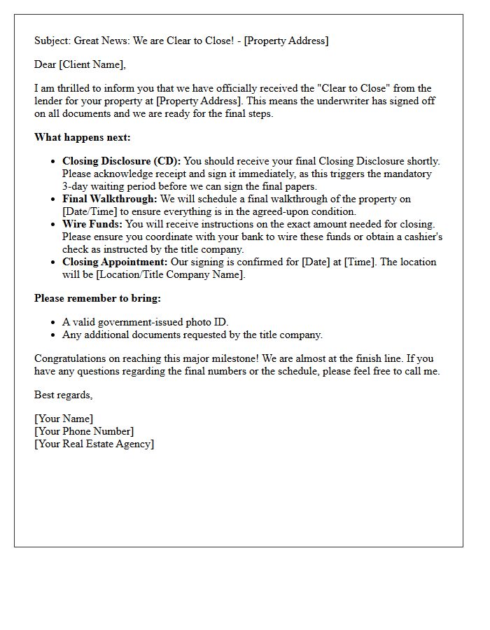 Clear To Close Status Update Letter From Real Estate Agent