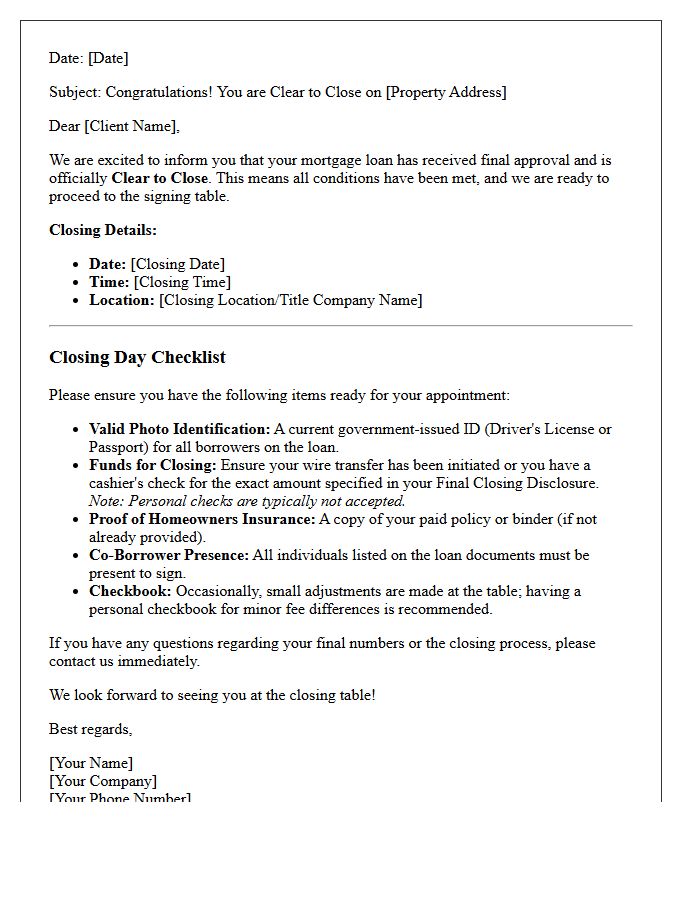 Clear To Close Notification Letter And Closing Day Checklist