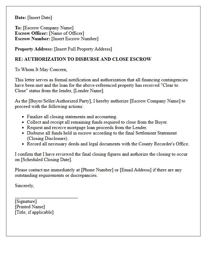 Clear To Close Authorization Letter For Escrow Funds