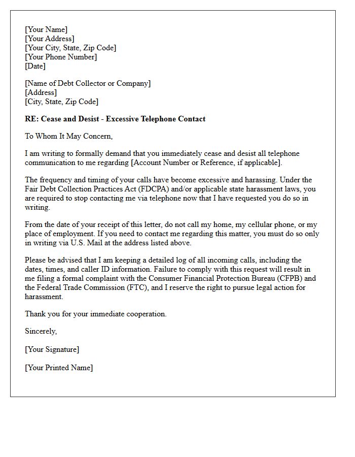 Excessive Telephone Call Cease and Desist Letter