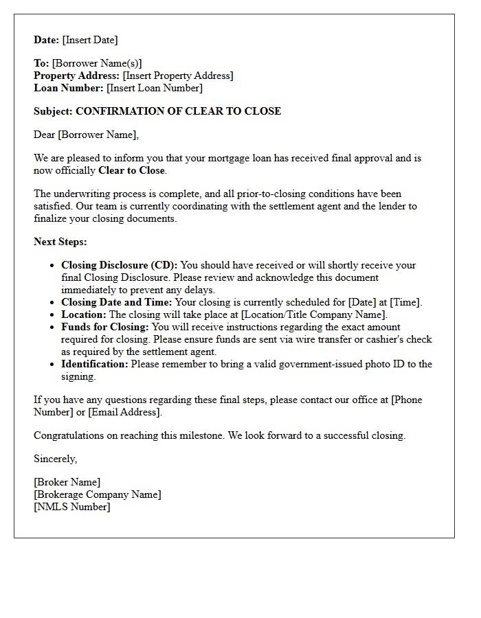 Brokerage Clear To Close Confirmation Letter