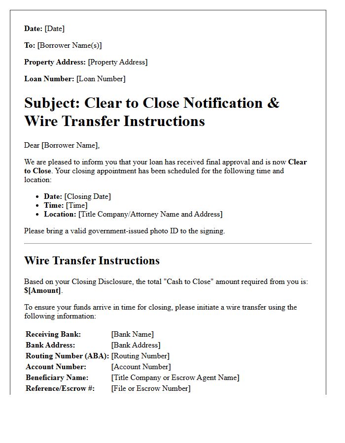 Clear To Close Notification Letter And Wire Transfer Instructions